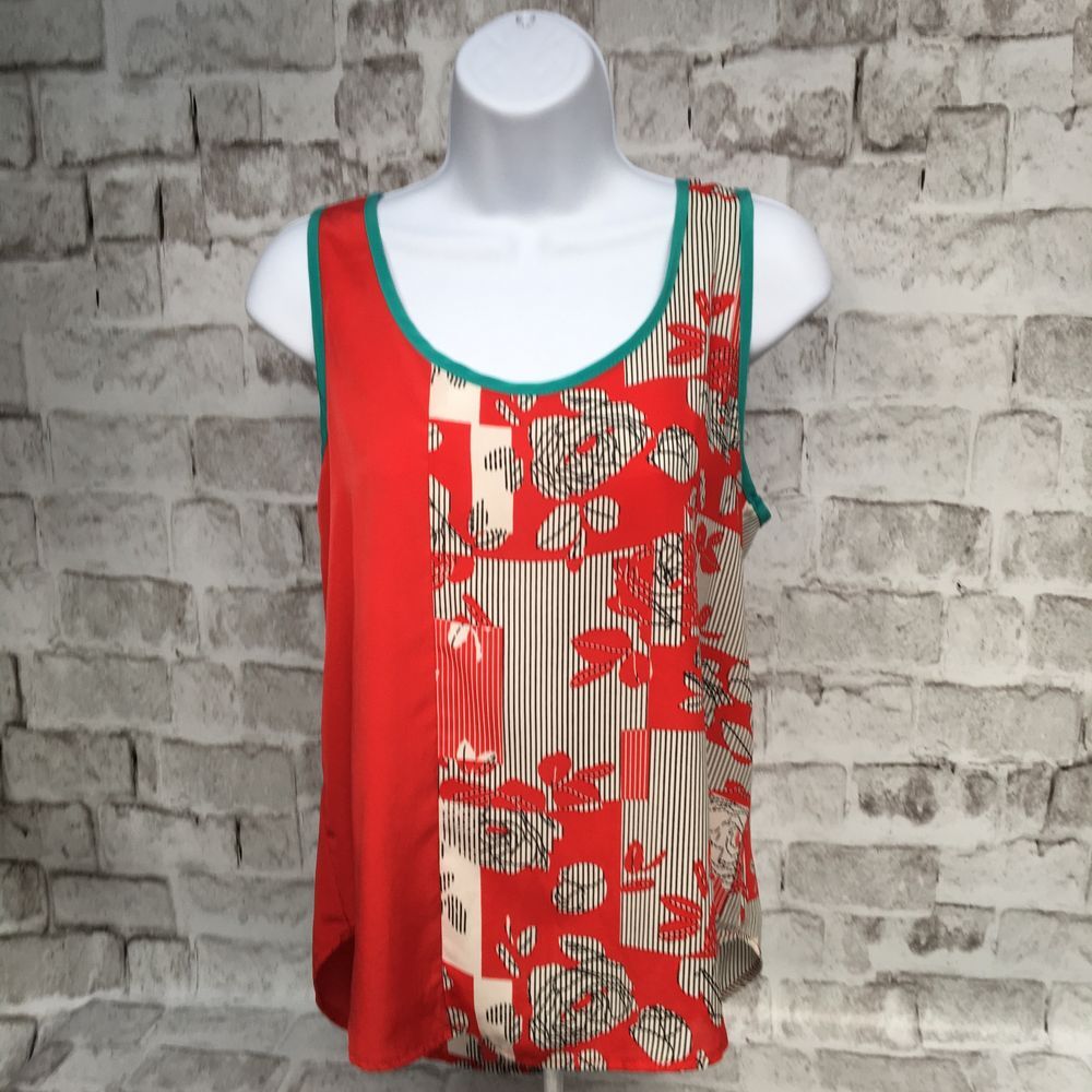 Solemio Women's Size S Tank Blouse Abstract Floral Red Stripes